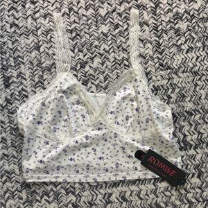 ROMWE Delicate White and Purple Floral Lace Bralette NWT SZ Large